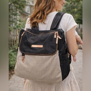 Petunia Pickle Bottom Diaper Bag Backpack Black Tan Rose Gold Hardware